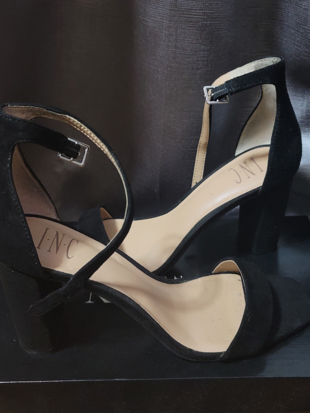 INC International Concepts Black Suede Ankle Strap Block Heel Sandals